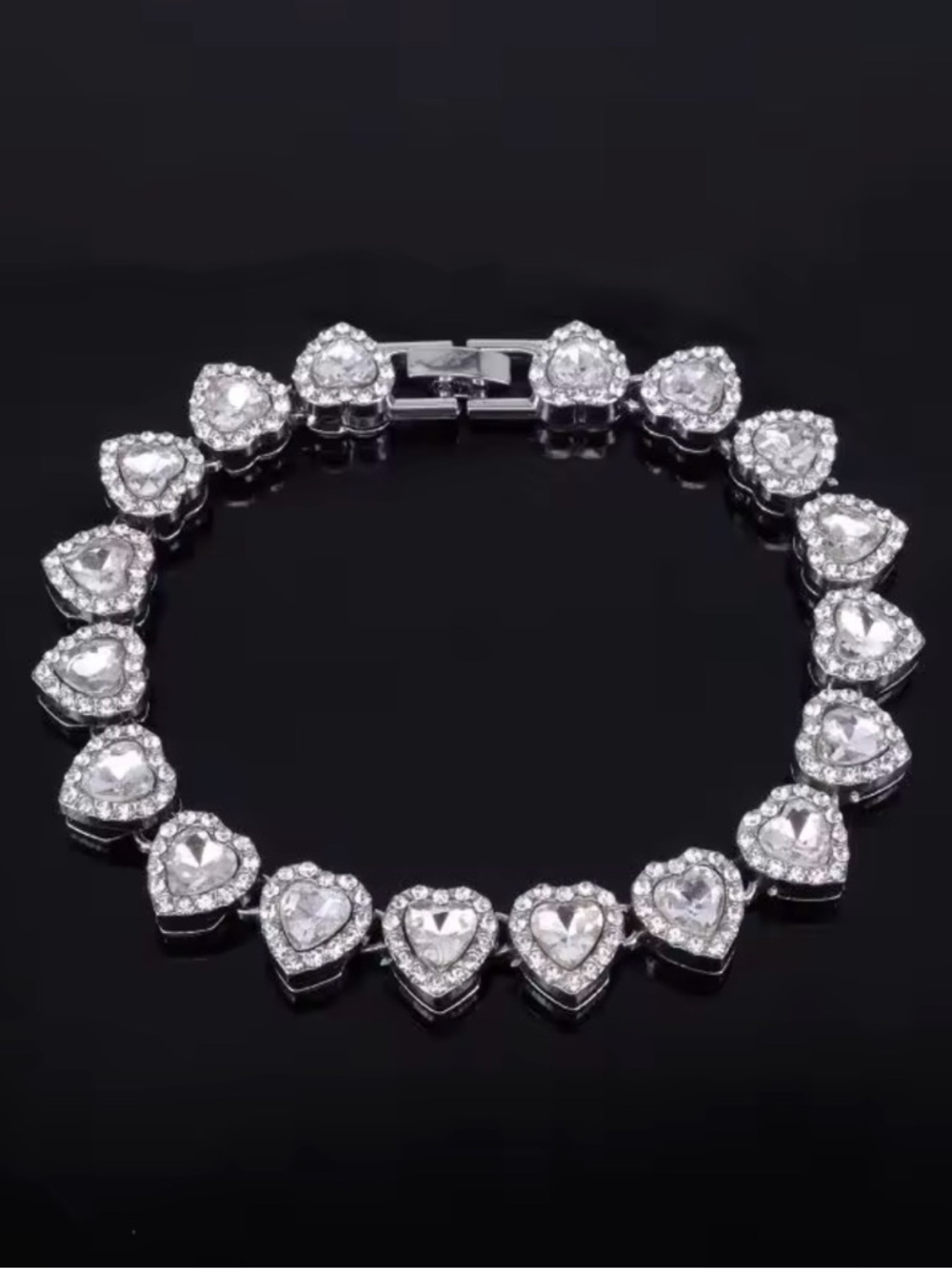 Shinny Heart shaped Rhinestone Tennis Link chain Bracelet - Silver Tone